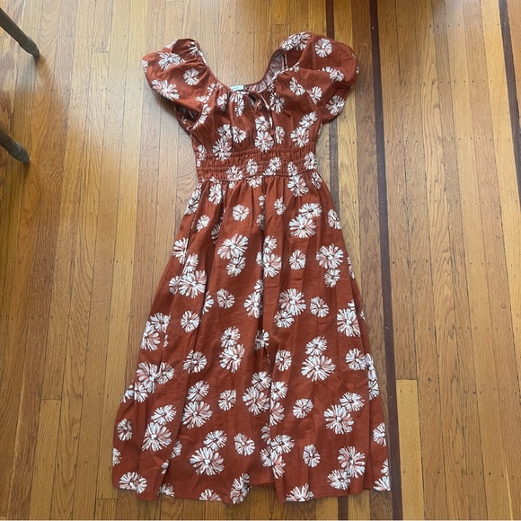 Madewell Sophia Linen Blend Floral Puff Sleeve Midi Dress Rusty Torch M medium - Picture 2 of 4